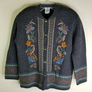 Laura Ashley Sz M 100% Wool Cardigan Sweater Vintage Floral Gray Hong Kong